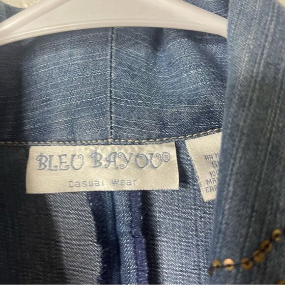 Vintage 90s Bleu Bayou Denim Jacket Medium Blue Embroidered Sequin Mid Length - Picture 6 of 16